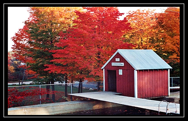 Small building at Mill Pond - in background are trees in Autum colors