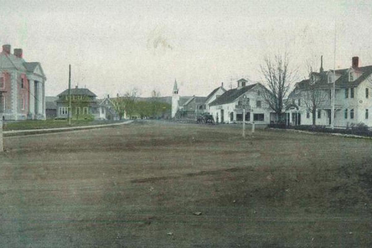 Old Postcard - the Square -very wide road that narrows - buildings on left and rght